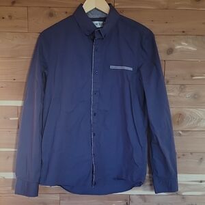 Tam Ware Navy Button-Up Shirt, Size L, Plaid Piping, Soft